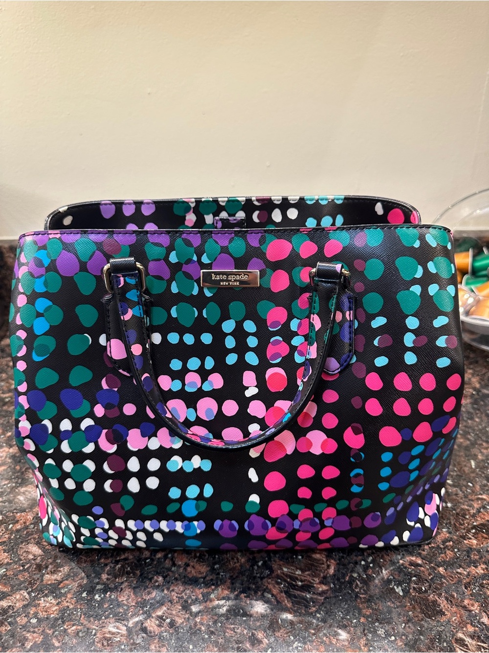kate spade Black Multicolor Dot Satchel with Pink, Teal & Purple Accents